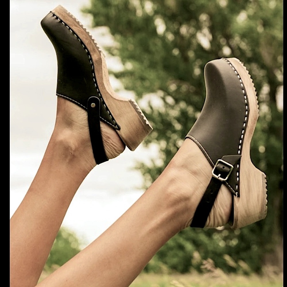 MIA Black Leather Clog Mules with Wood Heel